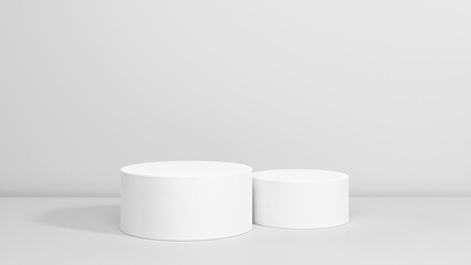 Background for product showcasing. Two white cylindrical stand on a gray background. 3D rendering.