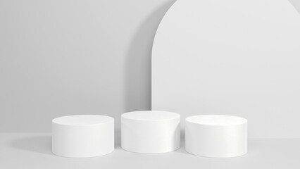 Background for product showcasing. Three white cylindrical stand on a gray background. 3D rendering.