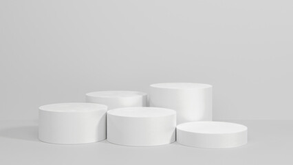 Background for product showcasing. Five white cylindrical stand on a gray background. 3D rendering.