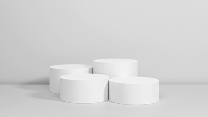 Background for product showcasing. Four white cylindrical stand on a gray background. 3D rendering.