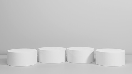 Background for product showcasing. Four white cylindrical stand on a gray background. 3D rendering.