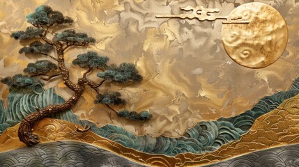 Golden Moonlit Landscape with Bonsai Tree