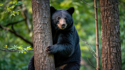 black bear climbing a tree in the forest, wildlife