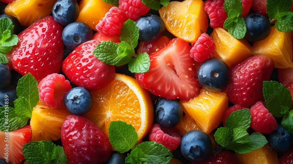 Poster A fruit salad with strawberries, blueberries, oranges, and raspberries - Posters