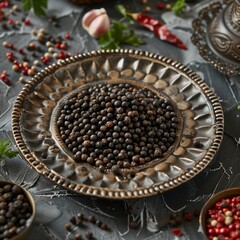 A close-up view of black peppercorns in an ornate brass plate on a dark tabletop