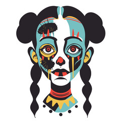 Colorful female face split into various geometric shapes designs. Artistic portrayal woman abstract facial features patterns. Creative modern art illustration split personality concept