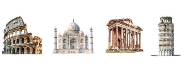 Four different buildings from around the world. The first is the Colosseum in Rome, the second is the Taj Mahal in India, the third is the Parthenon in Athens