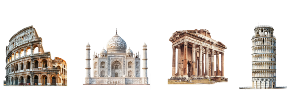 Four different buildings from around the world. The first is the Colosseum in Rome, the second is the Taj Mahal in India, the third is the Parthenon in Athens