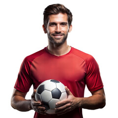 Smiling soccer player holding a soccer ball on transparent background