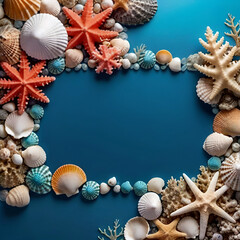 Obraz premium Summer concept banner background with a copy space with shells and starfish on top of a blue background