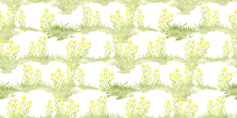 Yellow flowers in a clearing pattern watercolor illustration of natural landscape. Forest wildlife scene with herbs, flowers, vegetation. Compose compositions based on the theme.