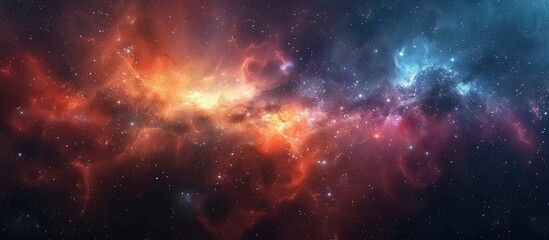 A colorful space scene with a large red cloud in the middle. The sky is filled with stars and the colors are vibrant