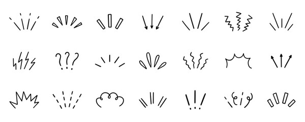 Comic Expression sign, Anime manga doodle set. Japanese decorative lines, shock, character emotion symbols, movement in sketch style. Hand drawn vector illustration isolated on white background