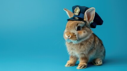 Obraz premium A cute brown rabbit wearing a police hat is sitting on a blue background.
