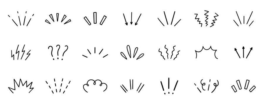 Comic Expression sign, Anime manga doodle set. Japanese decorative lines, shock, character emotion symbols, movement in sketch style. Hand drawn vector illustration isolated on white background