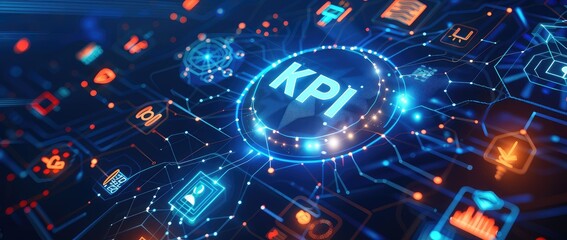 Abstract technology background with word KPI (Key Performance Indicator) written in a digital, blue circle.