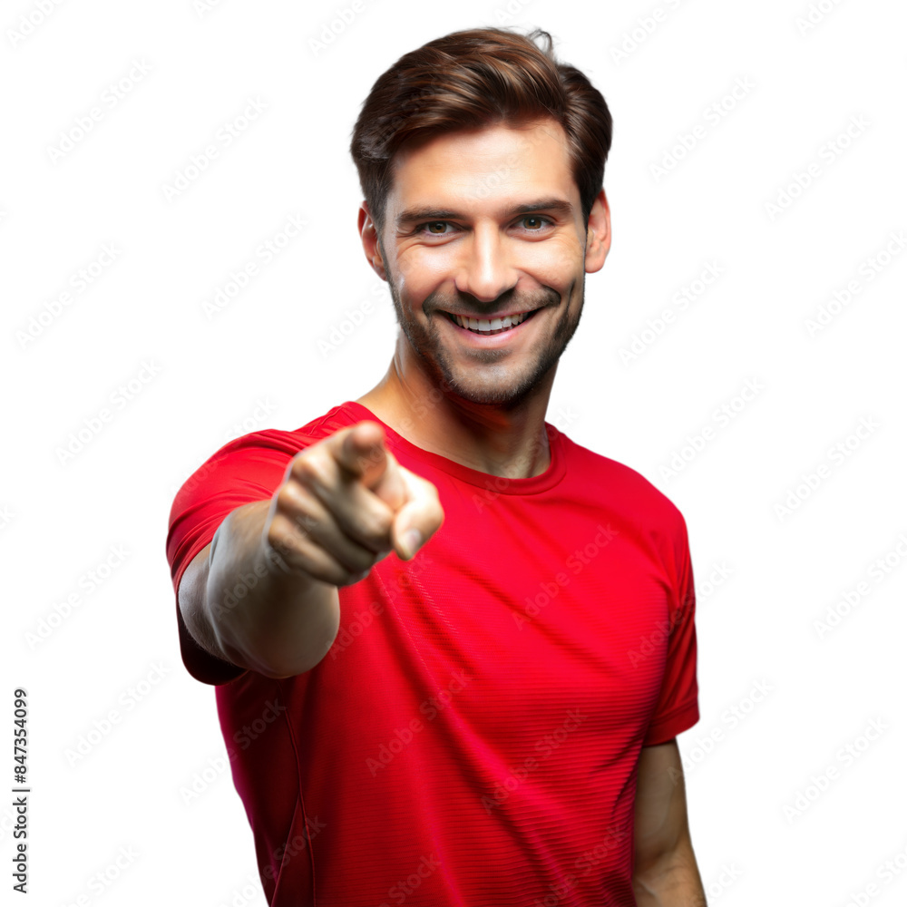 Poster smiling man pointing forward on transparent background