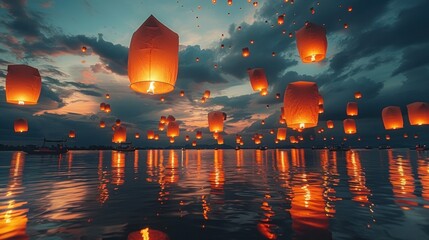 Beautiful sky lantern on the dark sky at night.