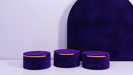 Background for product showcasing. Three violet cylindrical stand on a light purple background. 3D rendering.