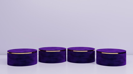 Background for product showcasing. Four violet cylindrical stand on a light purple background. 3D rendering.