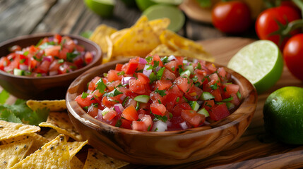 Fast food salsa served with a side of tortilla chips, presented on a rustic wooden board