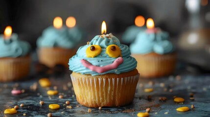 A blue cupcake with a smiley face on it is lit up with candles