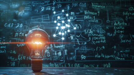 Glowing lamp as a symbol of scientific thought against the background of physical and mathematical formulas. Science and education background