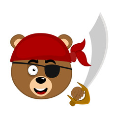 vector illustration face brown bear grizzly cartoon, with a headscarf, an eye patch and a pirate sword