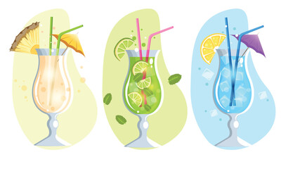 Summer. Bar cocktails to choose from. In glass glasses with a straw and cocktail umbrellas. Vibrant premium vector illustration. Refreshing summer cocktails and drinks