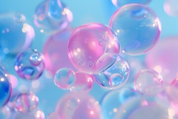 Colorful Soap Bubbles on Light Blue Background