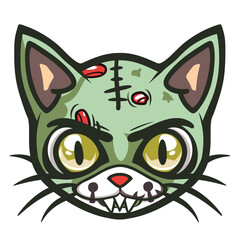 Cartoon zombie cat face stitches, big yellow eyes, sharp teeth. Green skinned undead feline head red wounds dark patches. Creepy cute stylized horror kitten graphic isolated white background
