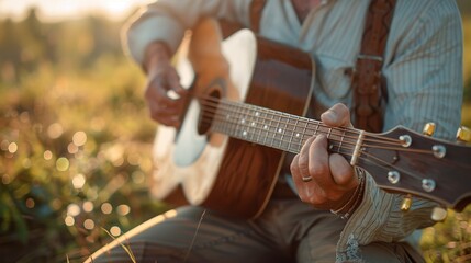 Obraz premium Man playing an acoustic guitar in a serene outdoor setting during golden hour, showcasing the beauty of music in nature.