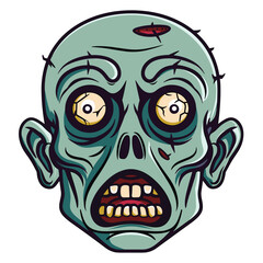 Zombie head illustration featuring stitches, scars, bulging eyes. Cartoon undead face showing shock, horror, large teeth, green skin. Halloween graphic spooky, cartoonish, horrified zombie