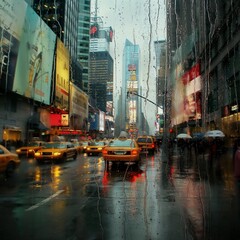 Rainy day in New York City viewed through a window with raindrops. Captures the essence of urban life and a moody atmosphere.