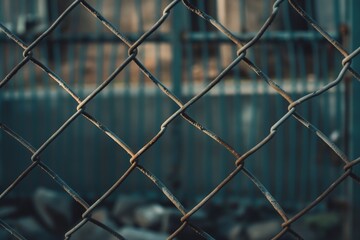 Closeup shot of a rusty chain link fence with a blurred industrial background, capturing the textures and colors of weathered metal.