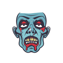 Zombie head illustration, menacing expression, cartoon style. Bluefaced undead showing blood, wounds, red eyes. Drawn horror character, isolated white background
