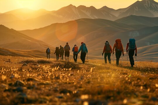 A group of hikers walks along a mountain path as the sun sets over the horizon, casting a warm glow over the landscape