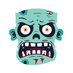 Zombie head cartoon illustration isolated white background. Green skin undead monster bulging eyes scary expression. Halloween spooky character, horror theme graphic design