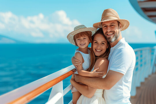 Happy family on vacation on an ocean cruise laughing and taking in the scenery, ample copy space, parents and child on an adventurous summer trip filled with joy