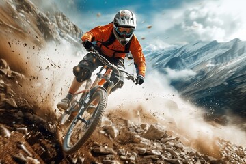 A mountain biker speeds down a rocky trail, kicking up dust and leaving a cloud behind them