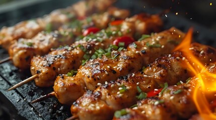 A plate of meat with a lot of seasoning and a lot of red sauce