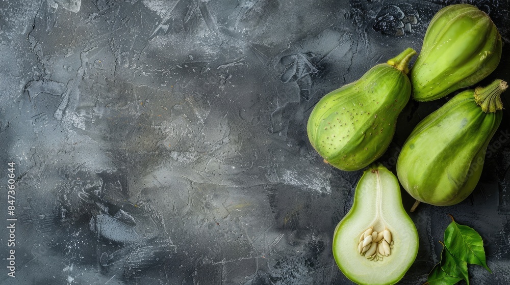 Poster chayote halves and whole on a gray table from above room for text