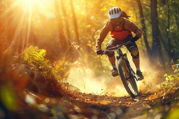 A cyclist rides downhill on a mountain bike through a sunlit forest, kicking up dust