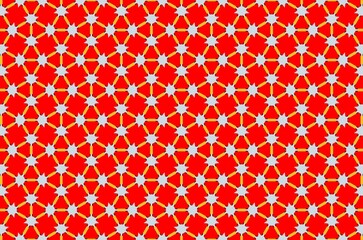 A red and white patterned background with yellow and white dots