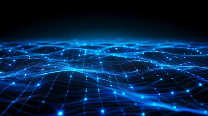 Obraz premium Wavy Surface of Neon Blue Connection Lines and Dots, Blue Technology Background. : Suitable for Be Used in Blog Posts, Social Media Posts or Website Content Related to Technology Theme.