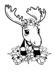 Cute Floral Moose | Flower Moose | Wild Animal | Safari Animal | Moose with F Moose Head with Floral Crown | Forest Animal | Original Illustration | Vector and Clipart | Cutfifle and Stencil