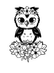 Cute Floral Owl | Nocturnal Bird | Floral Night Creature | Owl with Flowers | Big Eyes Animal | Safari and Wild Decors | Original Illustration | Vector and Clipart | Cutfifle and Stencil
