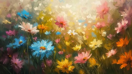 An exquisite and captivating oil painting of intricate floral patterns, showcasing the beauty of blooming flowers and lush foliage. Perfect for enhancing backgrounds, cards, banners