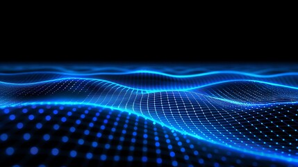 Naklejka premium Wavy Surface of Neon Blue Connection Lines and Dots, Blue Technology Background. : Suitable for Be Used in Blog Posts, Social Media Posts or Website Content Related to Technology Theme.
