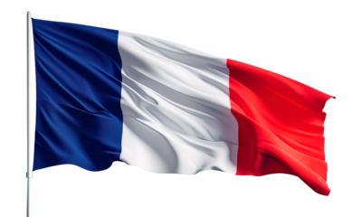 The French national flag, Le Tricolore, waving majestically on a transparent background.